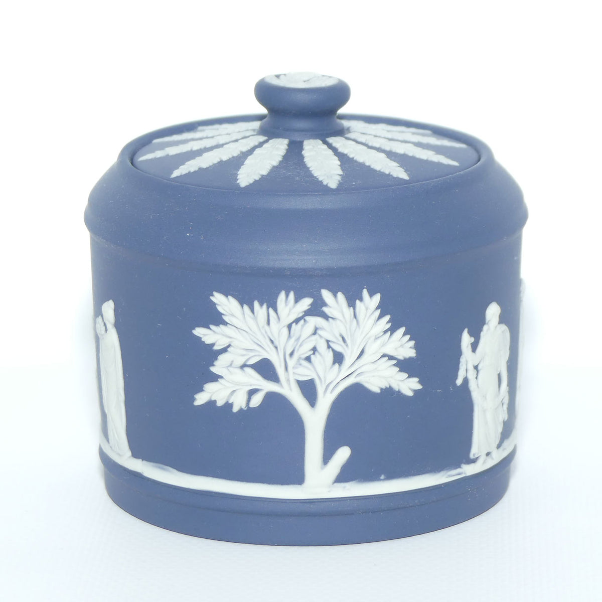 Wedgwood Jasper | White on Dark Blue milk jug and lidded sugar bowl | Cylindrical shape