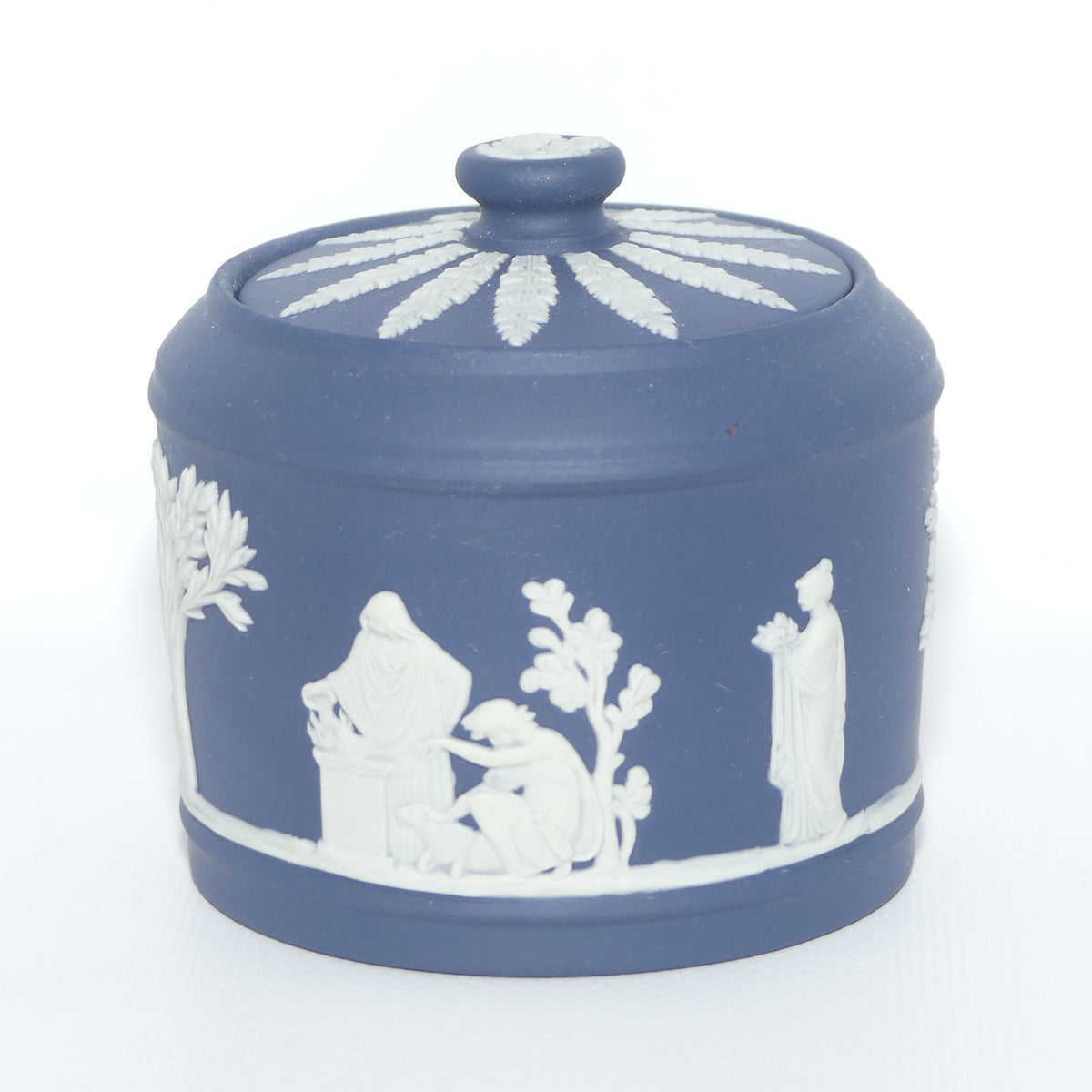 Wedgwood Jasper | White on Dark Blue milk jug and lidded sugar bowl | Cylindrical shape