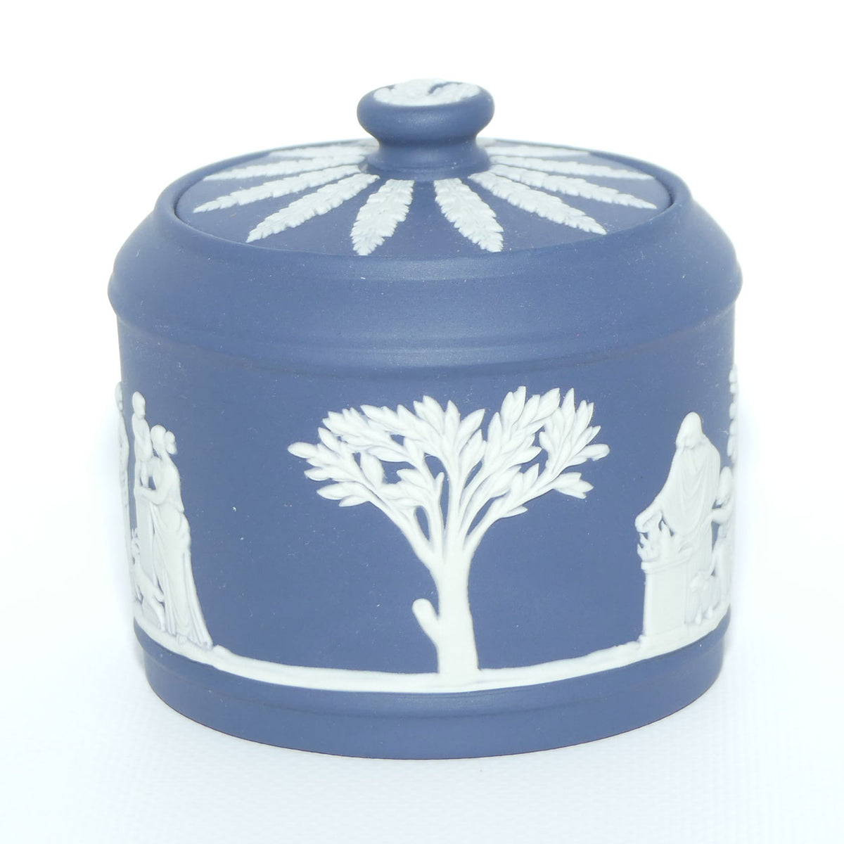Wedgwood Jasper | White on Dark Blue milk jug and lidded sugar bowl | Cylindrical shape