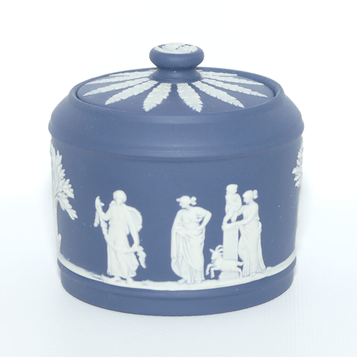 Wedgwood Jasper | White on Dark Blue milk jug and lidded sugar bowl | Cylindrical shape