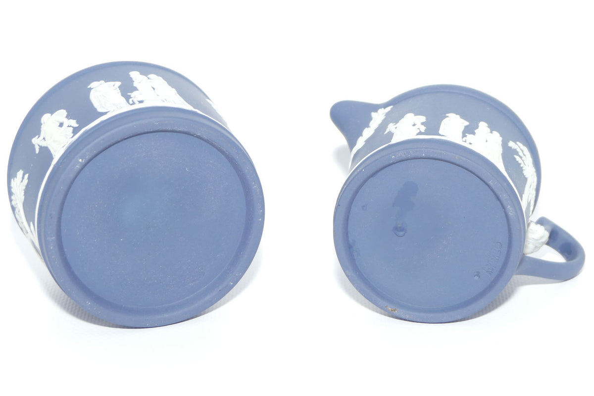 Wedgwood Jasper | White on Dark Blue milk jug and lidded sugar bowl | Cylindrical shape
