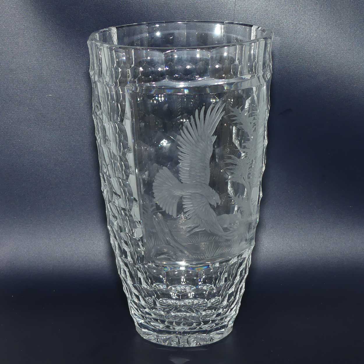 Wheel Engraved Thousand Eyes pattern Crystal Vase | Depicts Eagle and Fox | signed AG