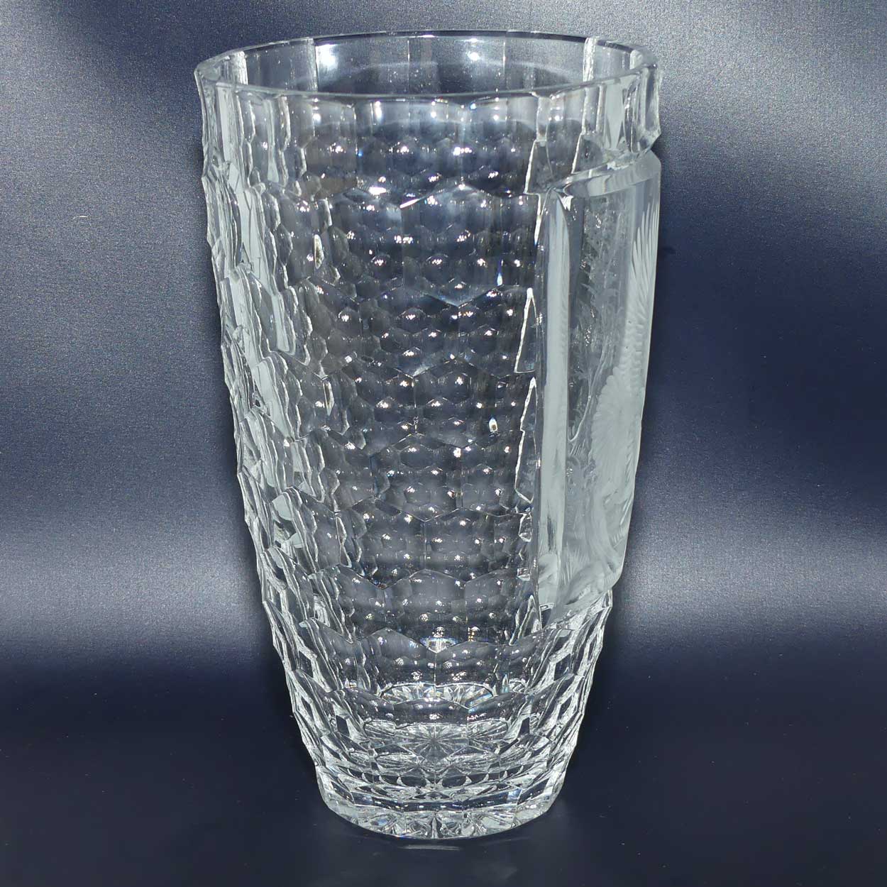Wheel Engraved Thousand Eyes pattern Crystal Vase | Depicts Eagle and Fox | signed AG