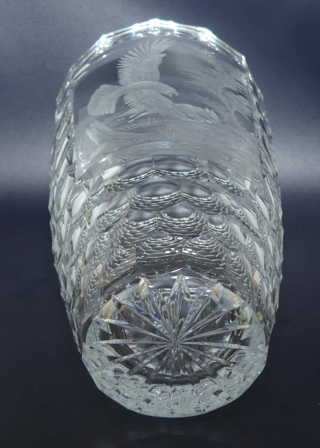 Wheel Engraved Thousand Eyes pattern Crystal Vase | Depicts Eagle and Fox | signed AG