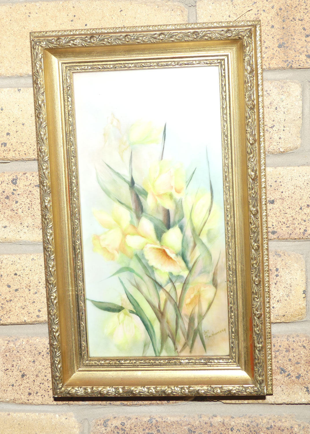 Australian China Painting | Gilt Framed Daffodil Plaque by Joy MacNamara
