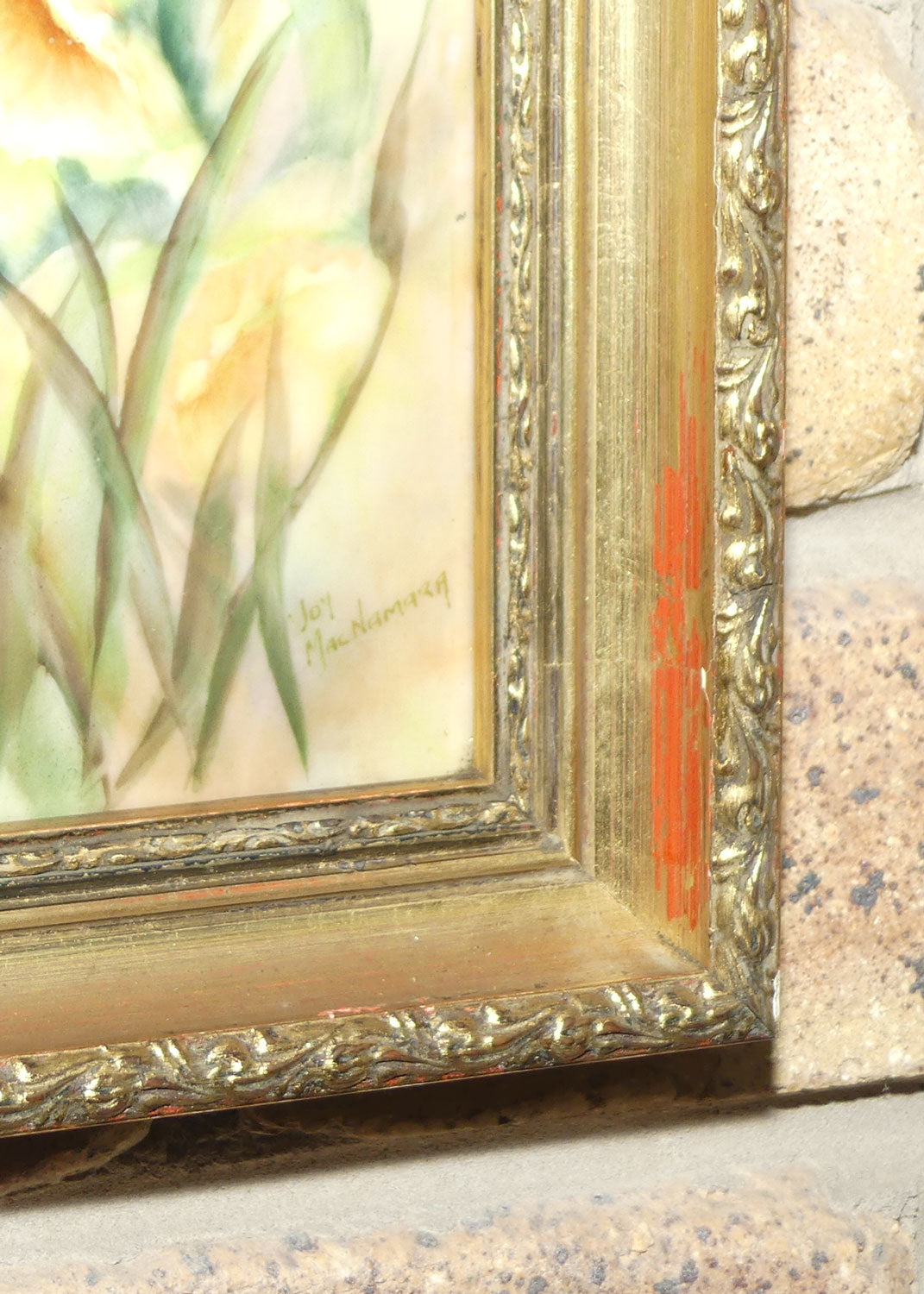Australian China Painting | Gilt Framed Daffodil Plaque by Joy MacNamara