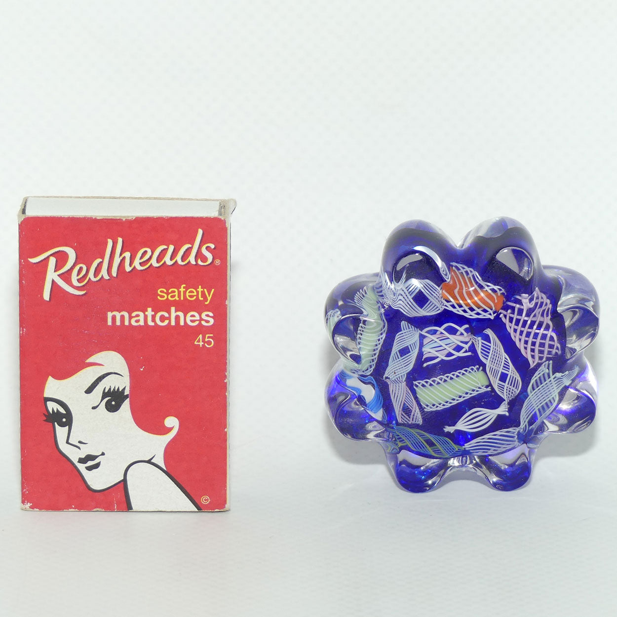 John Deacons Scotland Latticino Daisy miniature paperweight | Blue