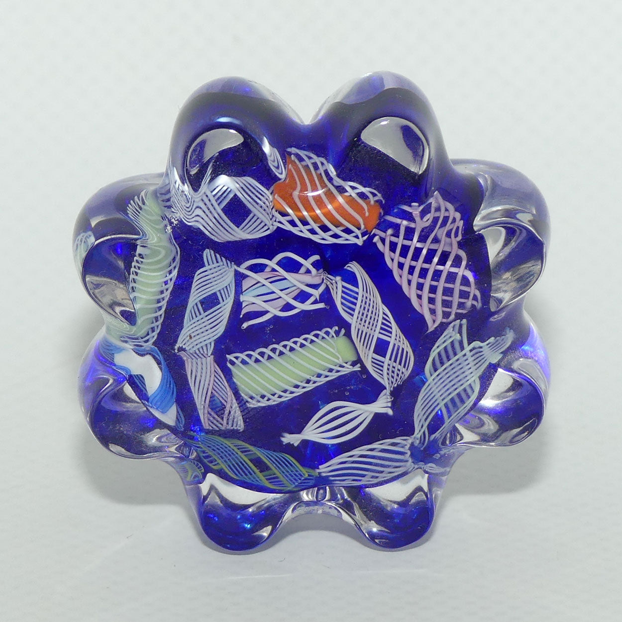 John Deacons Scotland Latticino Daisy miniature paperweight | Blue