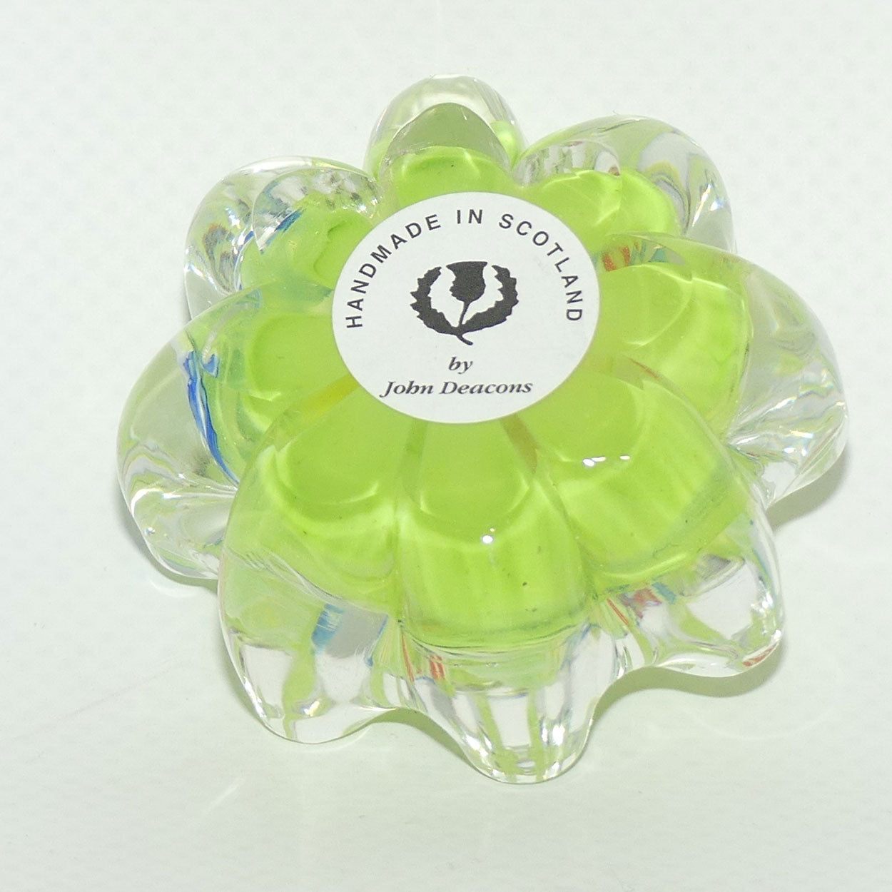 John Deacons Scotland Latticino Daisy miniature paperweight | Kiwifruit