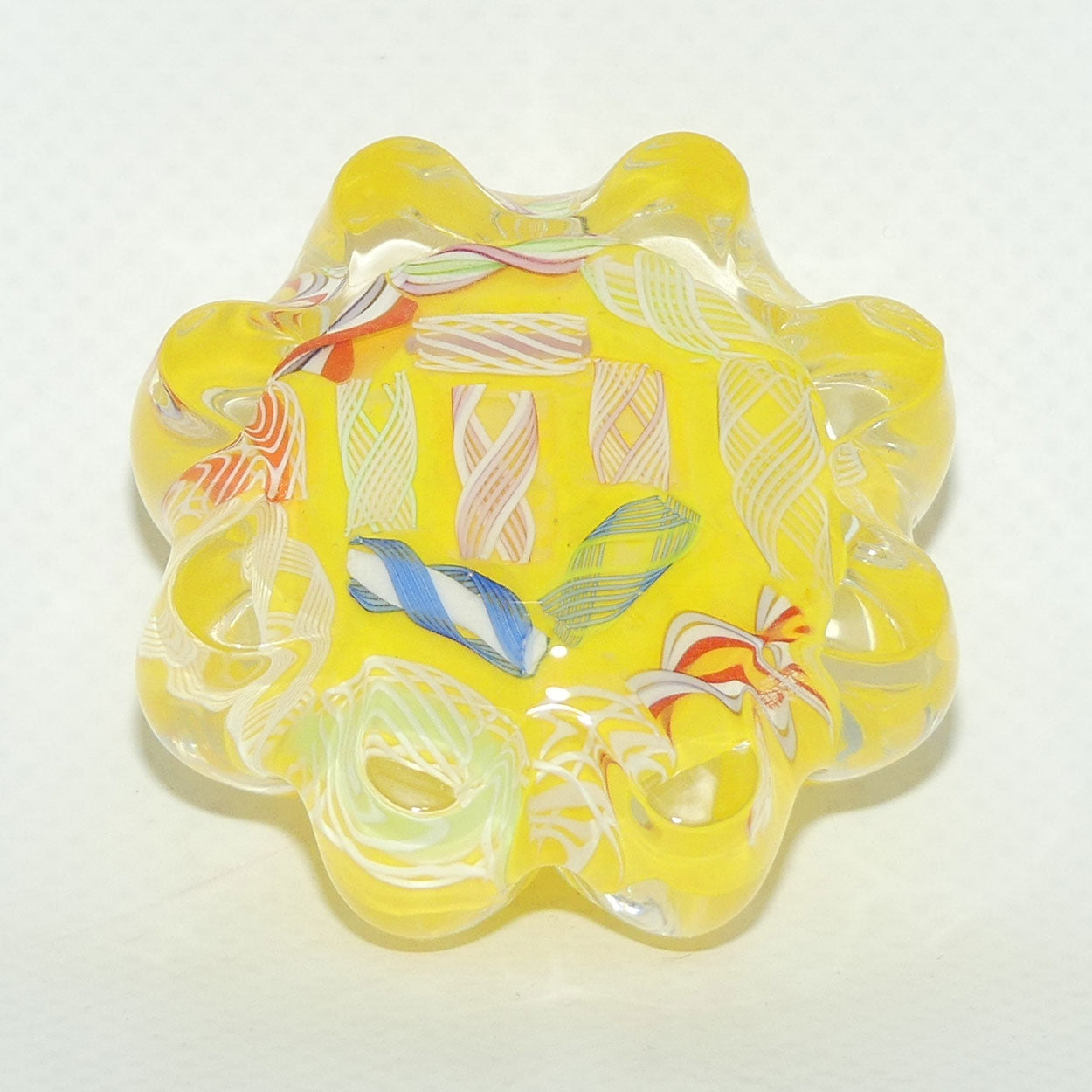 John Deacons Scotland Latticino Daisy miniature paperweight | Yellow