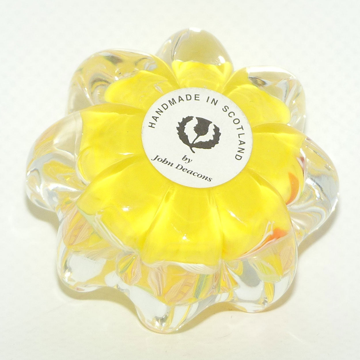 John Deacons Scotland Latticino Daisy miniature paperweight | Yellow