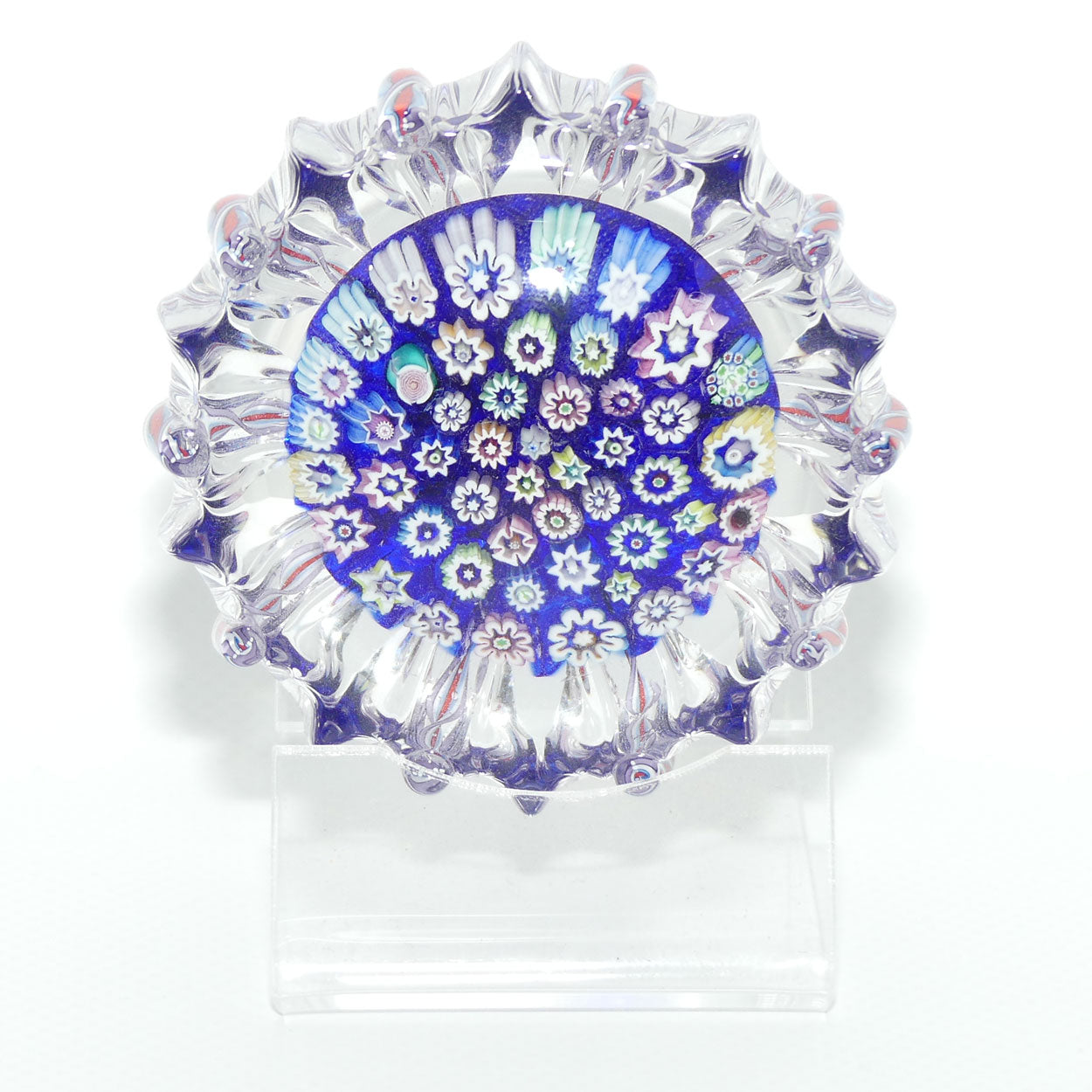 John Deacons Scotland Closepack Millefiori paperweight | Ribbed Latticino edge | Dark Blue