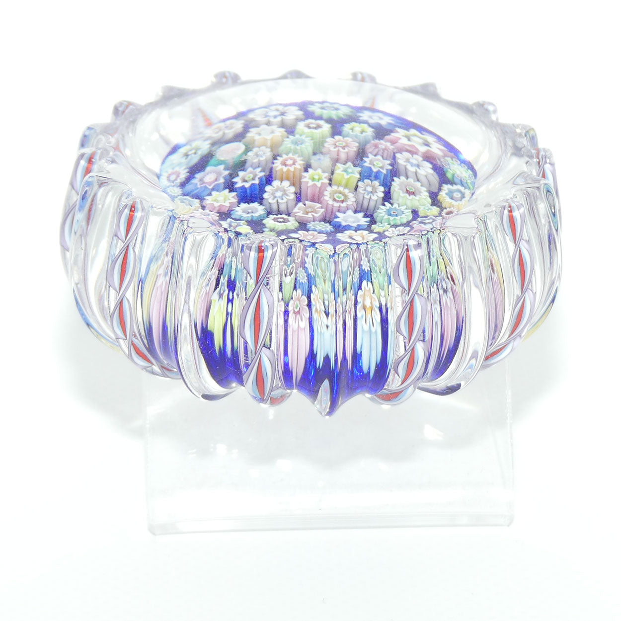 John Deacons Scotland Closepack Millefiori paperweight | Ribbed Latticino edge | Dark Blue