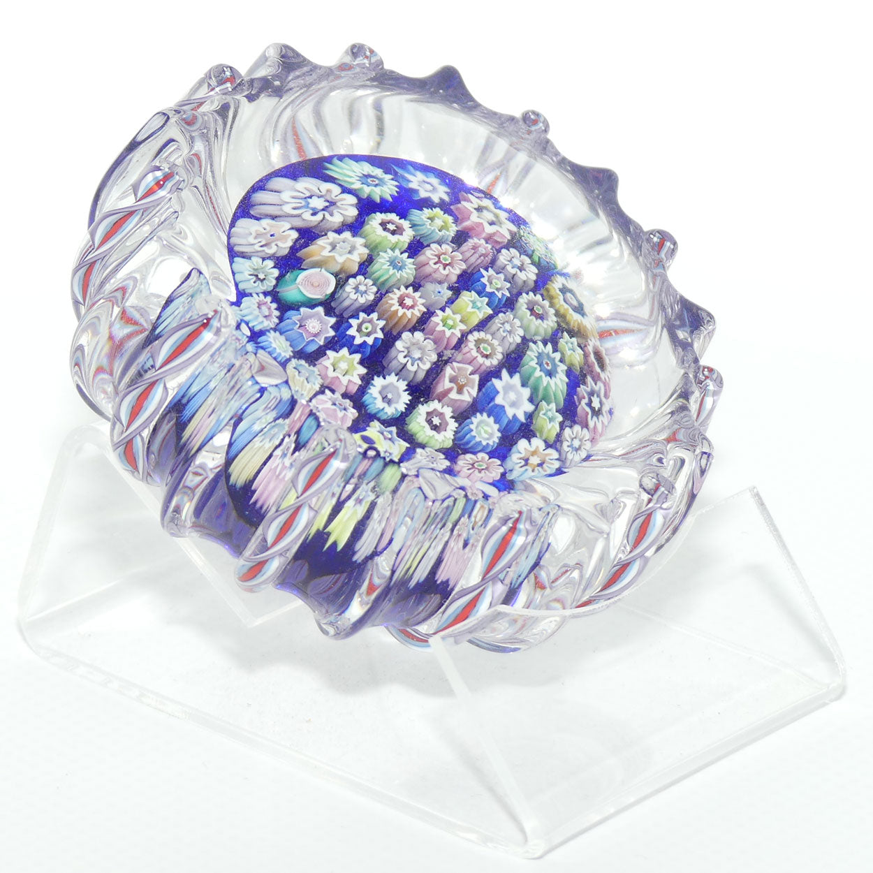 John Deacons Scotland Closepack Millefiori paperweight | Ribbed Latticino edge | Dark Blue