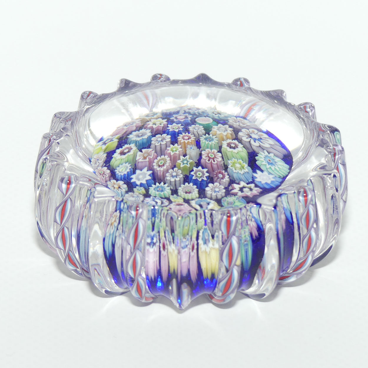 John Deacons Scotland Closepack Millefiori paperweight | Ribbed Latticino edge | Dark Blue
