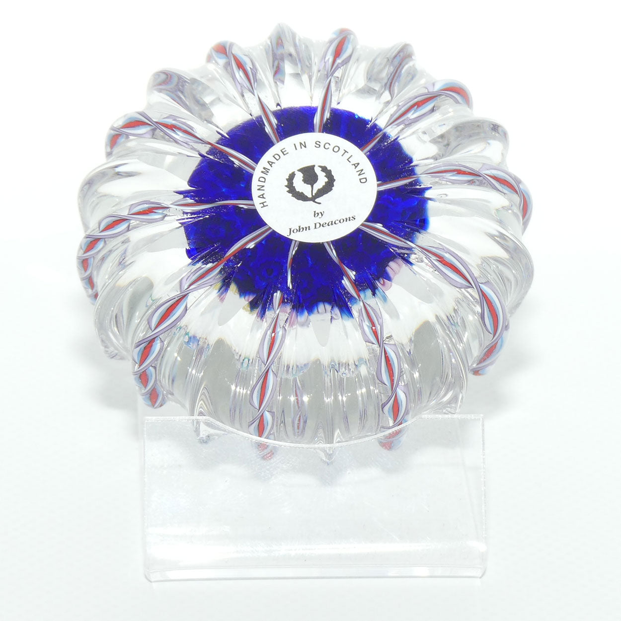 John Deacons Scotland Closepack Millefiori paperweight | Ribbed Latticino edge | Dark Blue