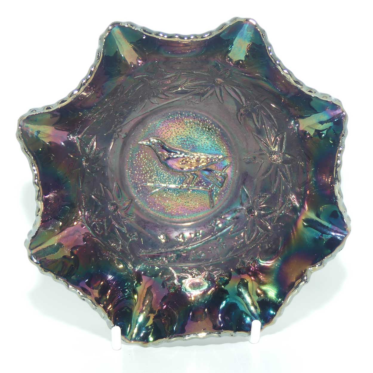 Australian Carnival Glass | Dark Magpie nappy bowl | #1