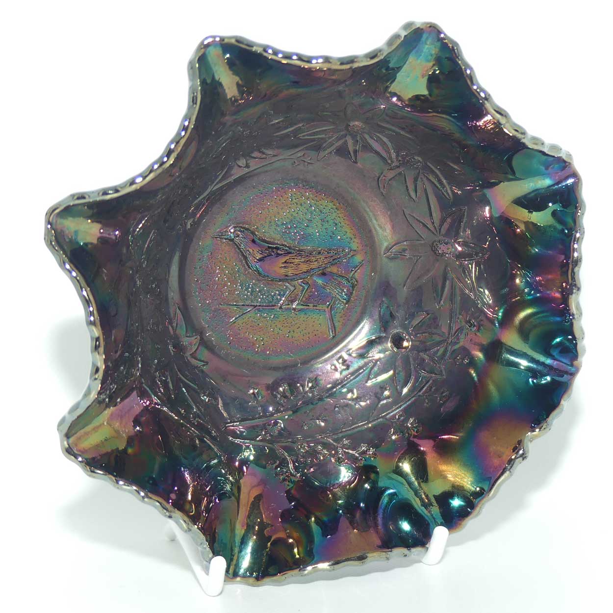 Australian Carnival Glass | Dark Magpie nappy bowl | #1