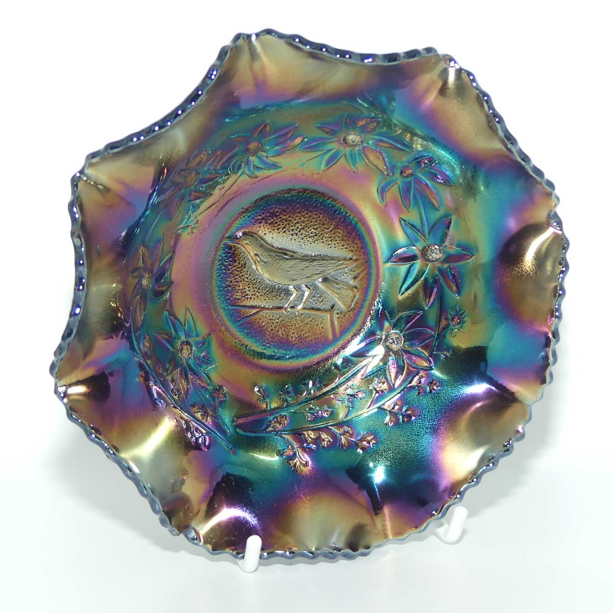 Australian Carnival Glass | Dark Magpie nappy bowl | #2