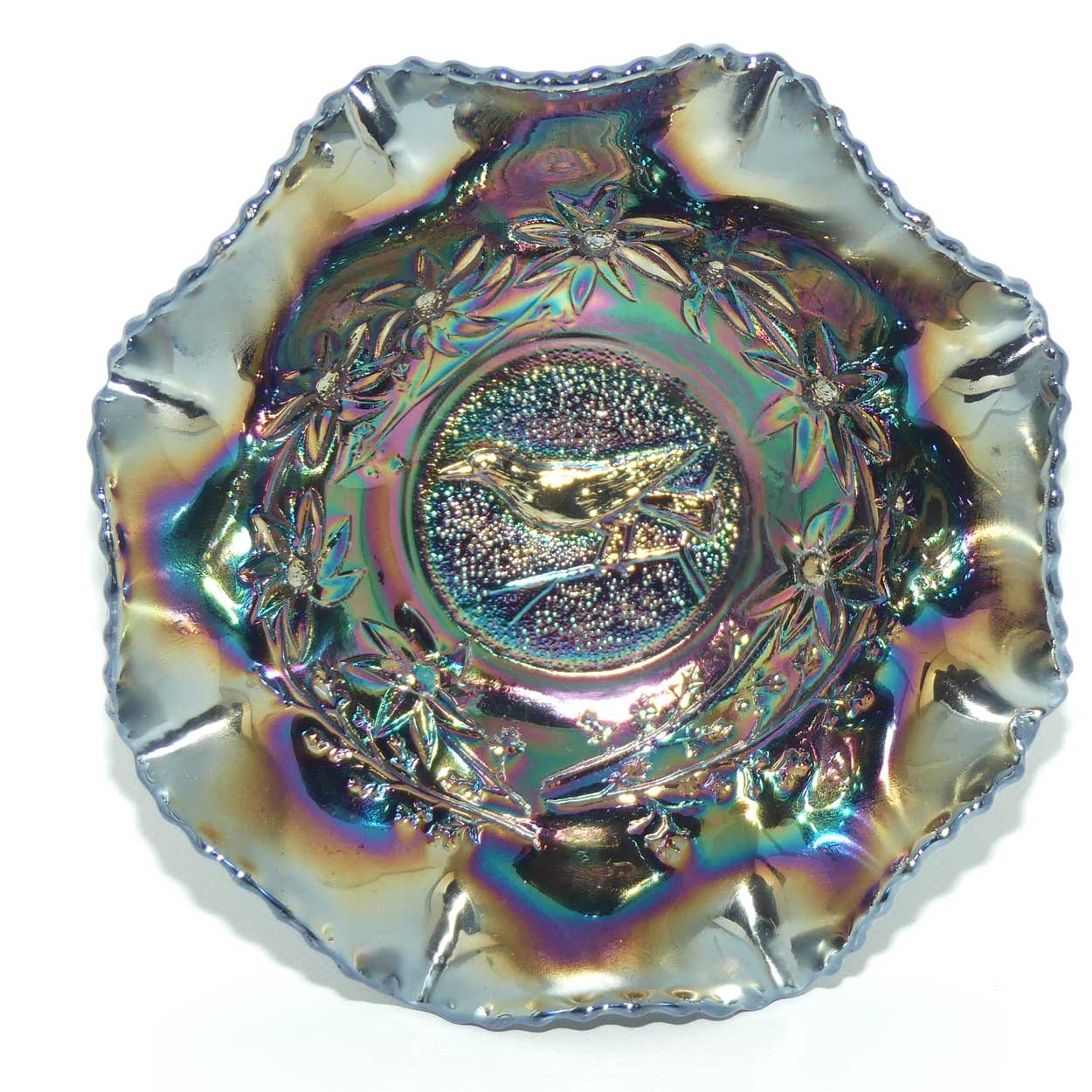 Australian Carnival Glass | Dark Magpie nappy bowl | #3