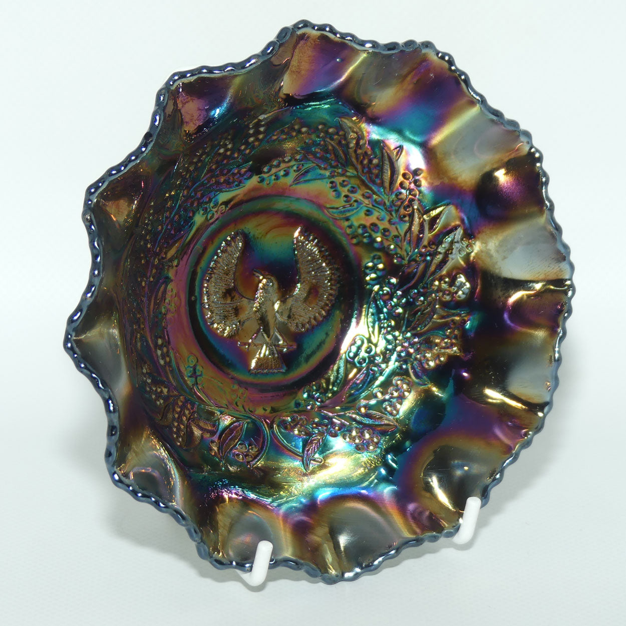 Australian Carnival Glass | Dark Piping Shrike nappy bowl | #2