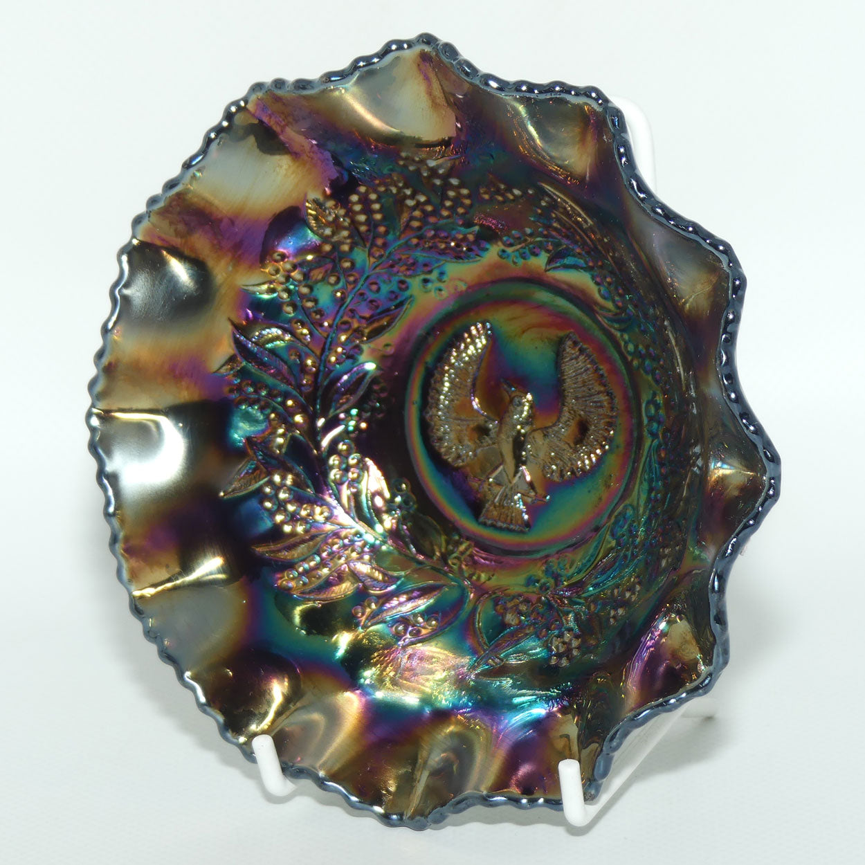 Australian Carnival Glass | Dark Piping Shrike nappy bowl | #2