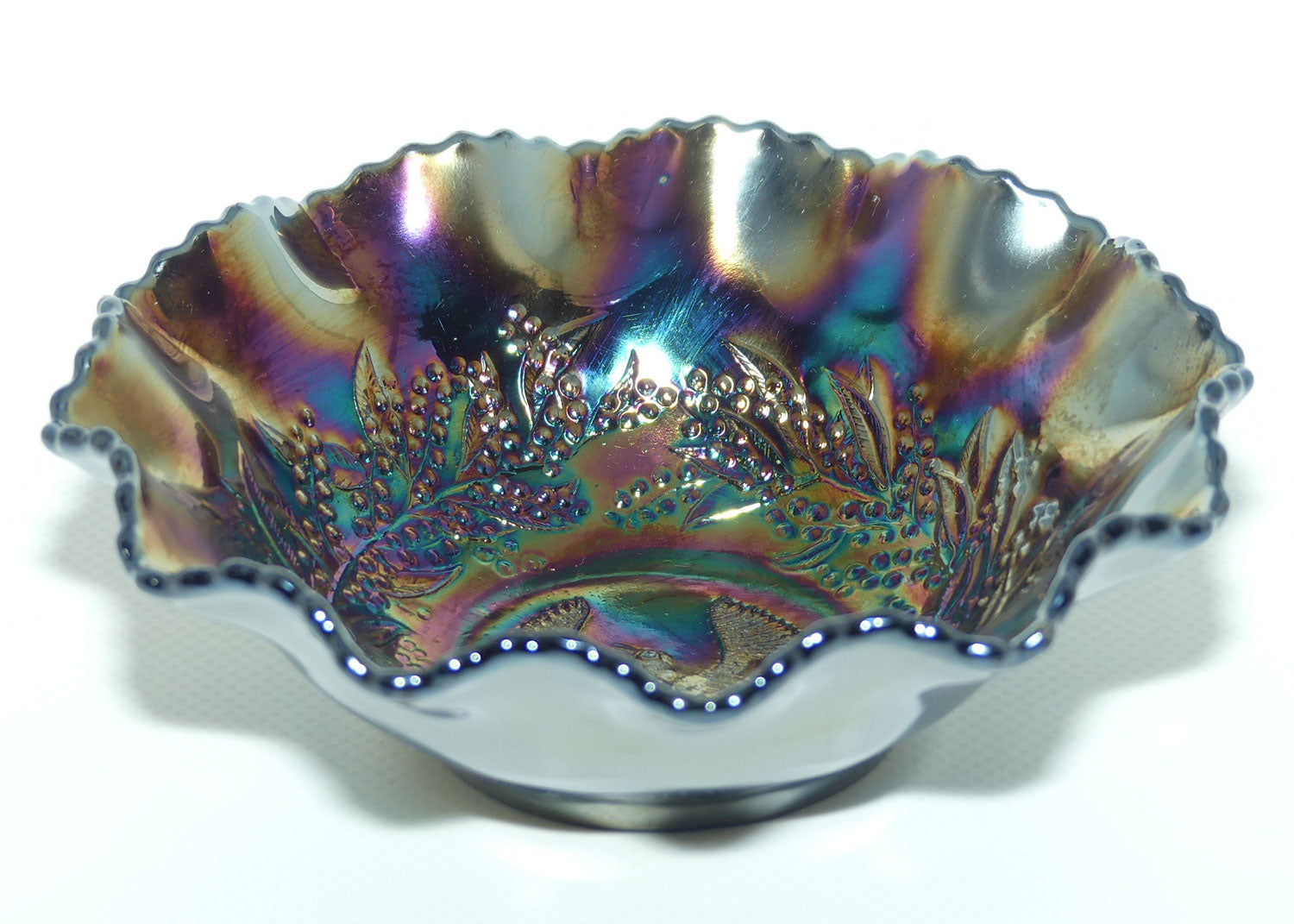 Australian Carnival Glass | Dark Piping Shrike nappy bowl | #2