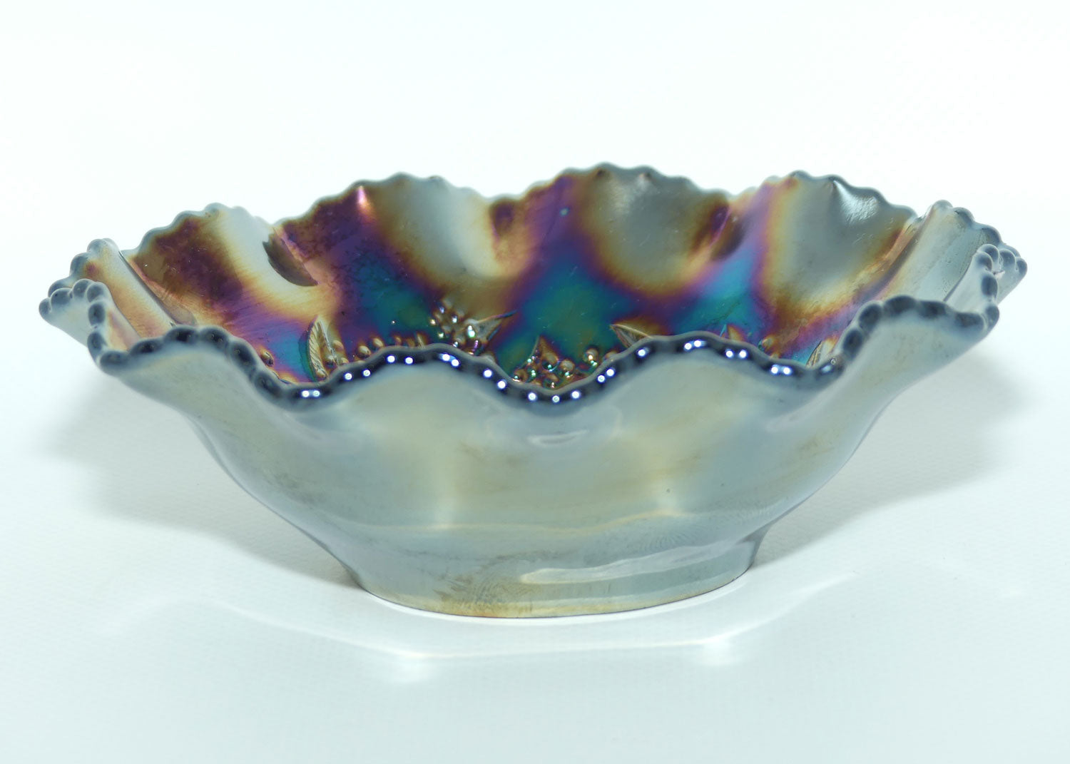 Australian Carnival Glass | Dark Piping Shrike nappy bowl | #2