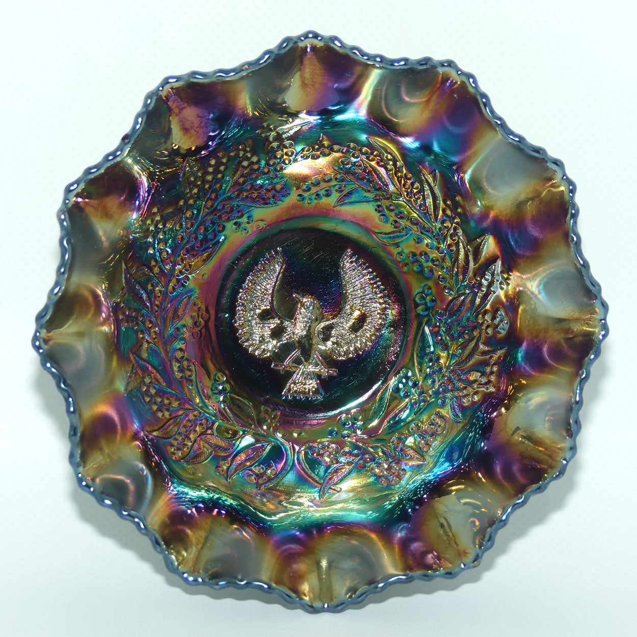 Australian Carnival Glass | Dark Piping Shrike nappy bowl | #2