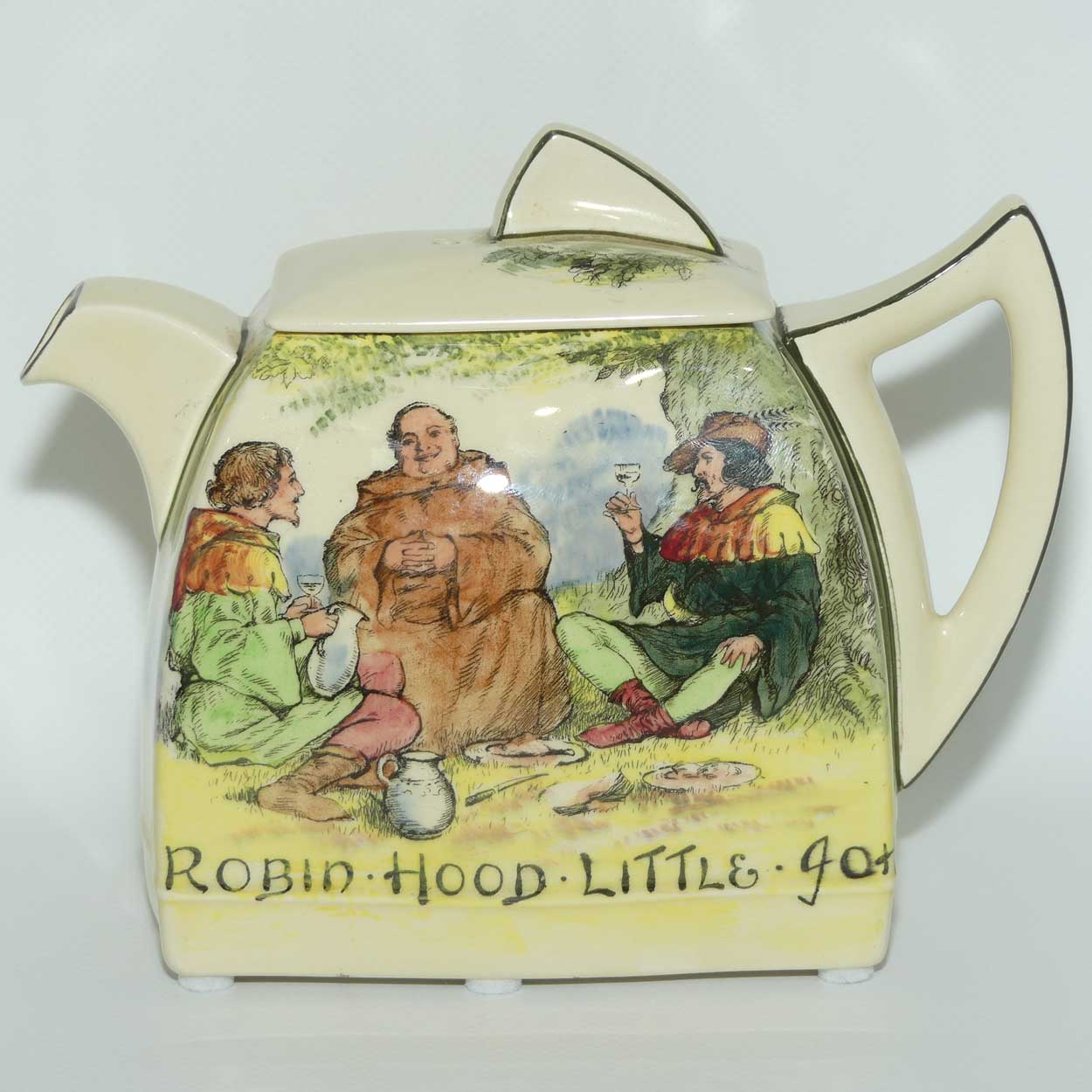 Royal Doulton Under the Greenwood Tree | Robin Hood Art Deco shape tea pot | Robin Hood Little John & Jovial Friar Tuck