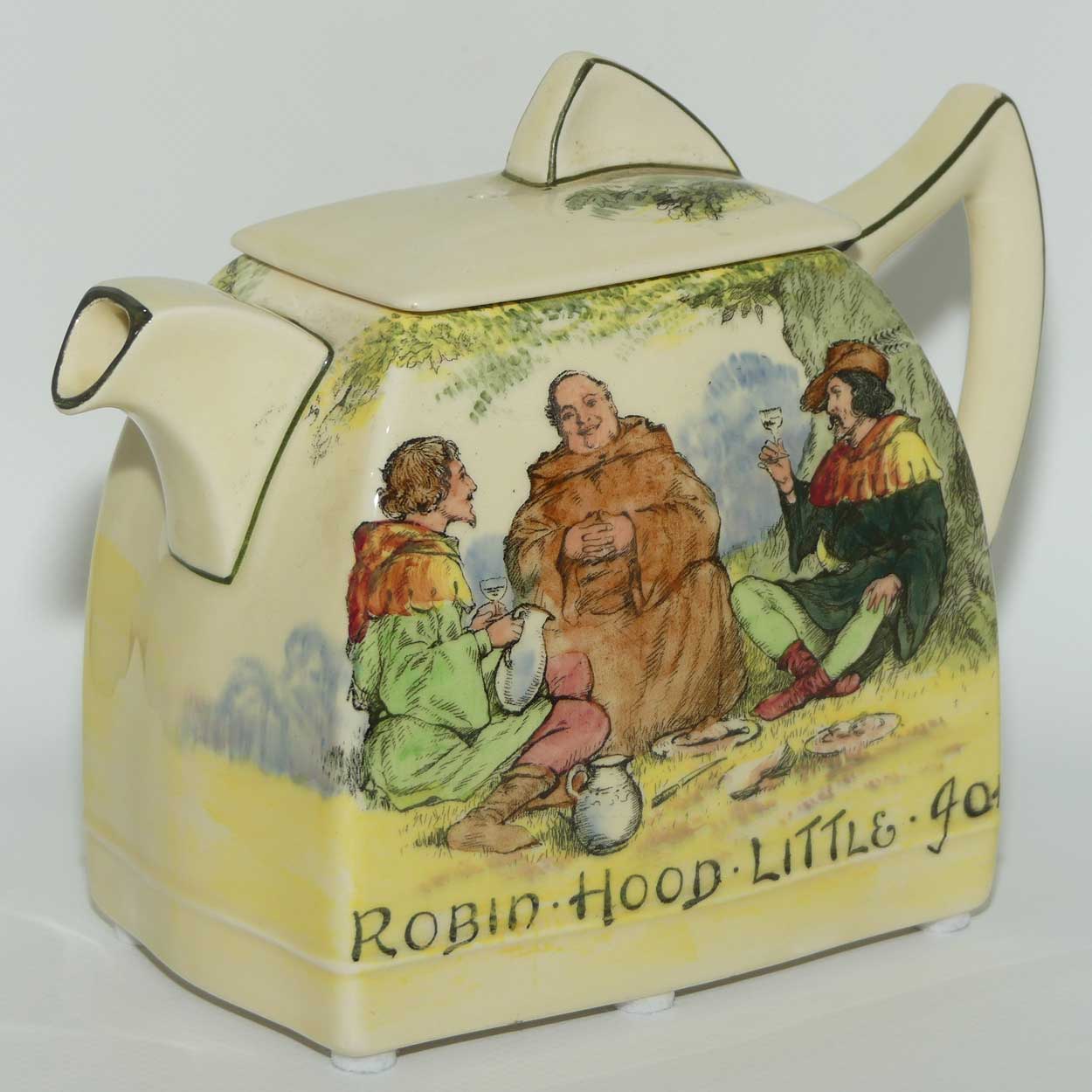 Royal Doulton Under the Greenwood Tree | Robin Hood Art Deco shape tea pot | Robin Hood Little John & Jovial Friar Tuck