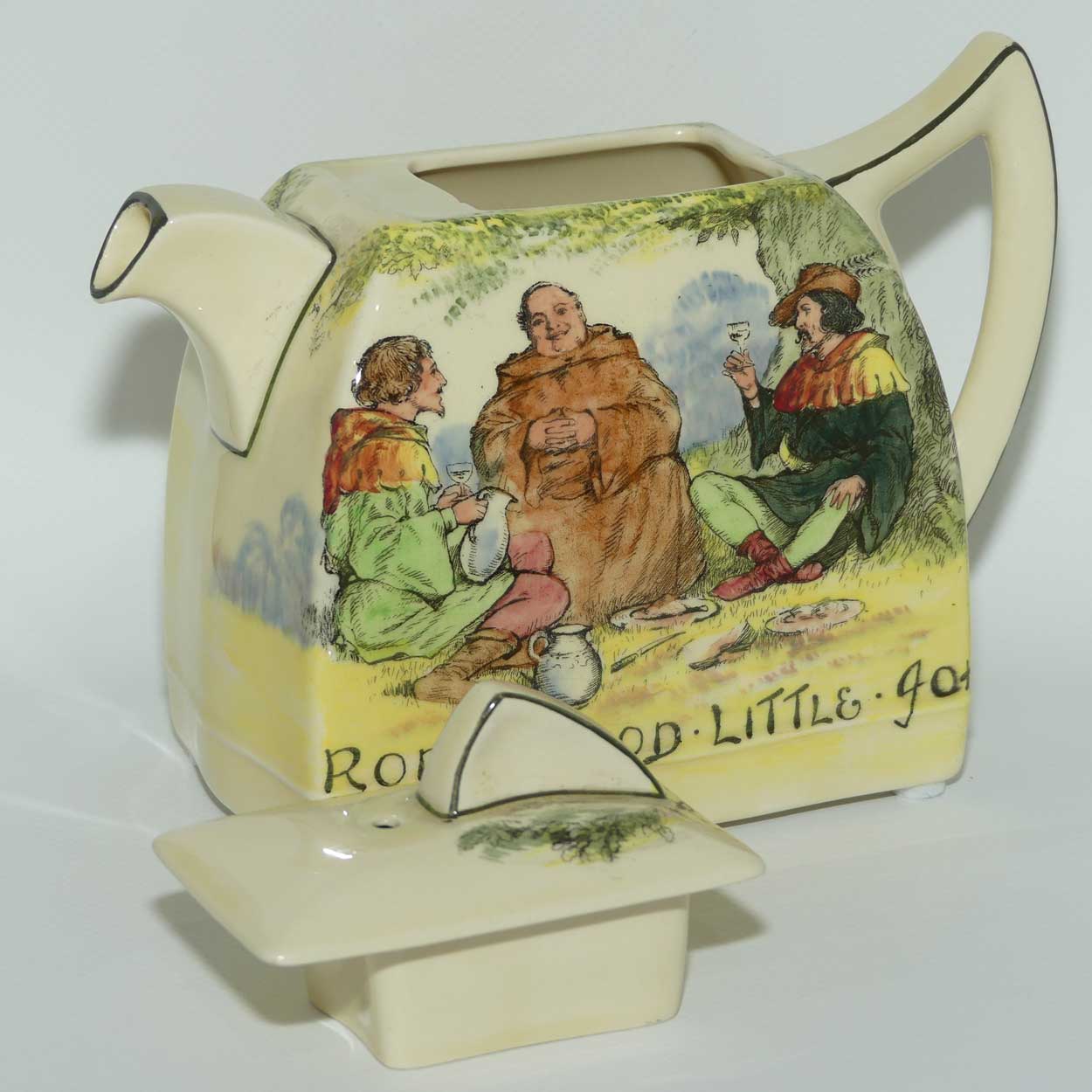 Royal Doulton Under the Greenwood Tree | Robin Hood Art Deco shape tea pot | Robin Hood Little John & Jovial Friar Tuck