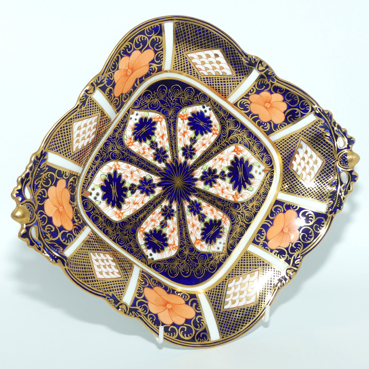 Royal Crown Derby Old Imari 1128 diamond shape acorn handled dish with tiny feet | Larger | c.1927