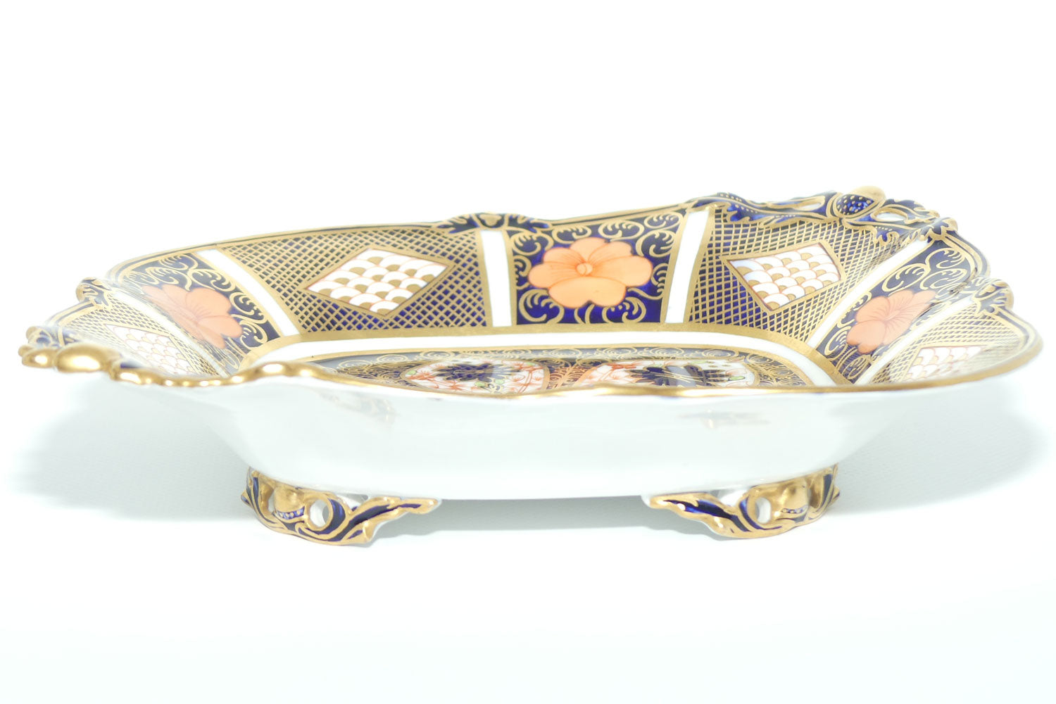 Royal Crown Derby Old Imari 1128 diamond shape acorn handled dish with tiny feet | Larger | c.1927