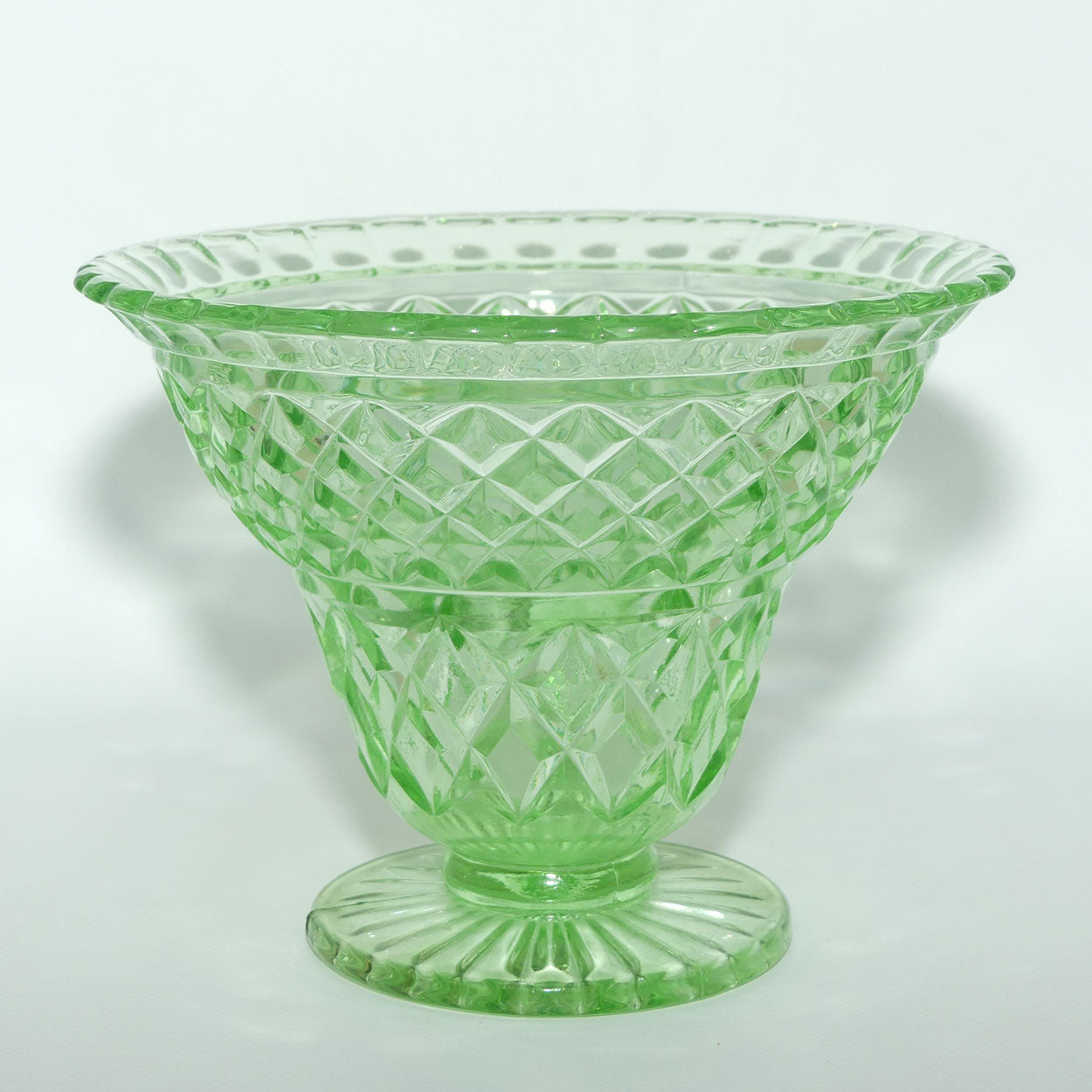 Green Depression Glass Diamond pattern wide rim vase + insert