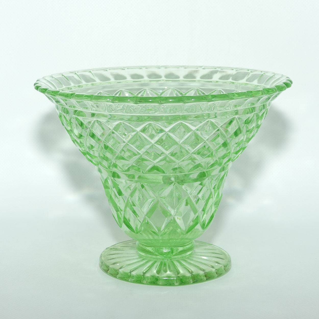 Green Depression Glass Diamond pattern wide rim vase + insert