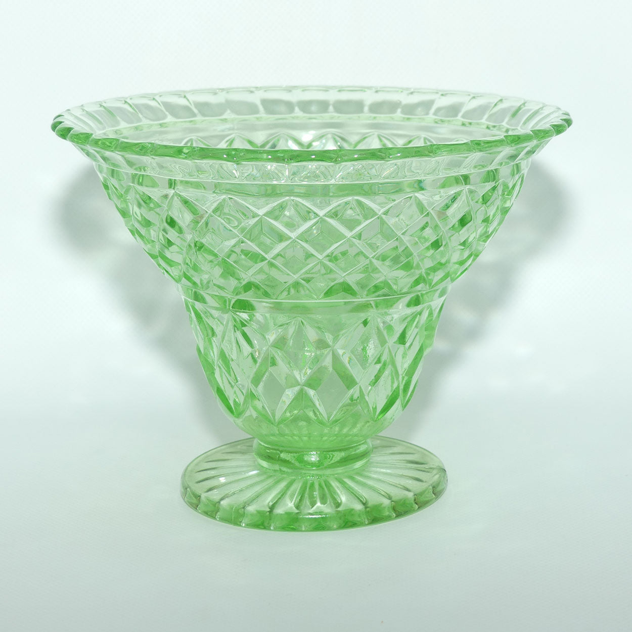 Green Depression Glass Diamond pattern wide rim vase + insert