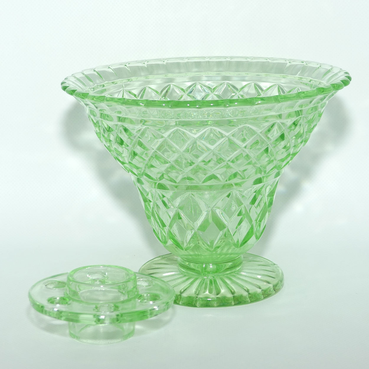 Green Depression Glass Diamond pattern wide rim vase + insert