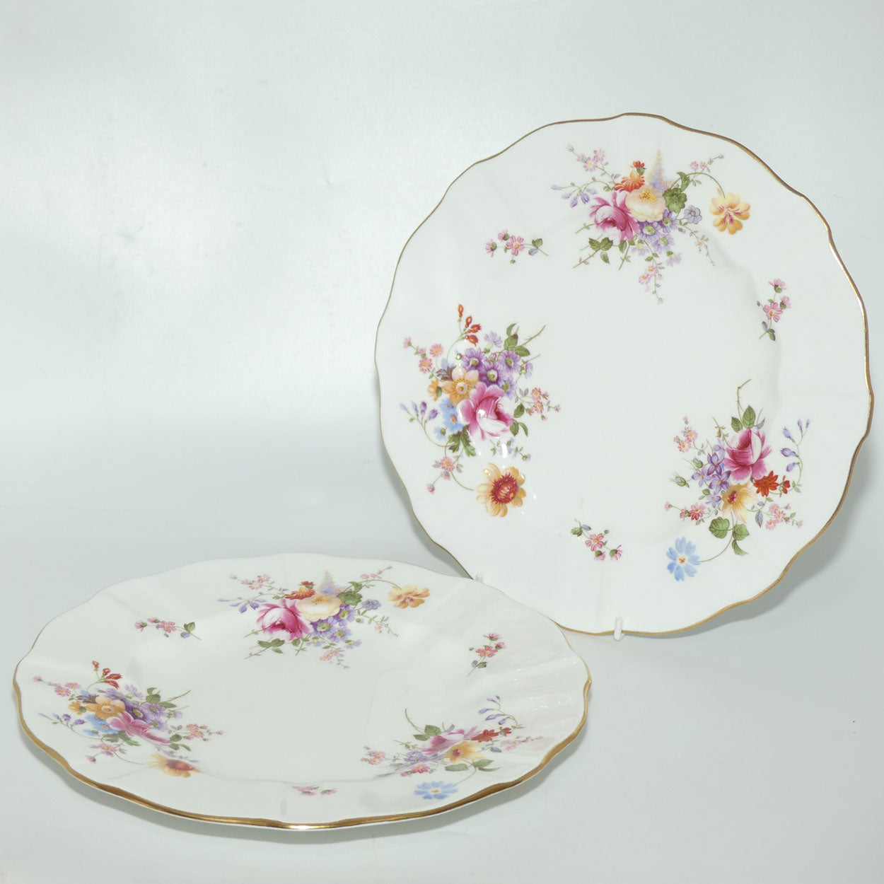 Royal Crown Derby Derby Posies pair of dinner plates | Light Green backstamp | 26.5cms diam