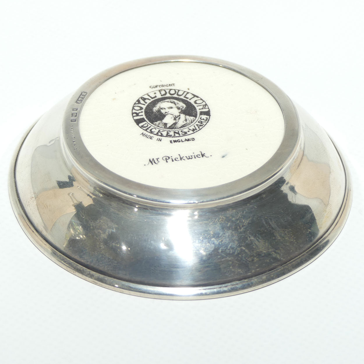 Royal Doulton Dickensware Mr Pickwick miniature convex roundel disc in Sterling Silver surround
