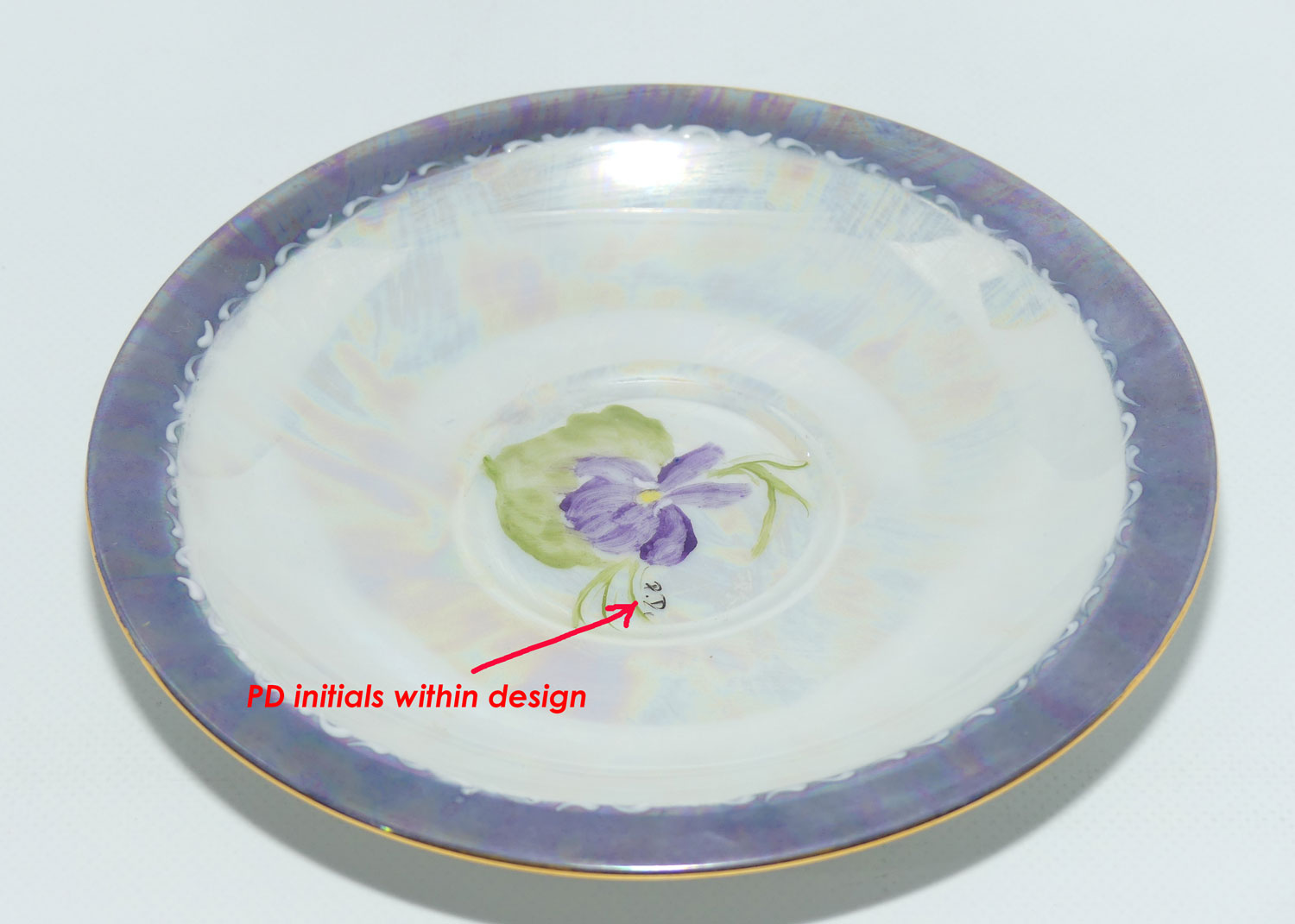 Australian China Painting Violets and lustre duo | signed P Ditchfield Sydney 1986