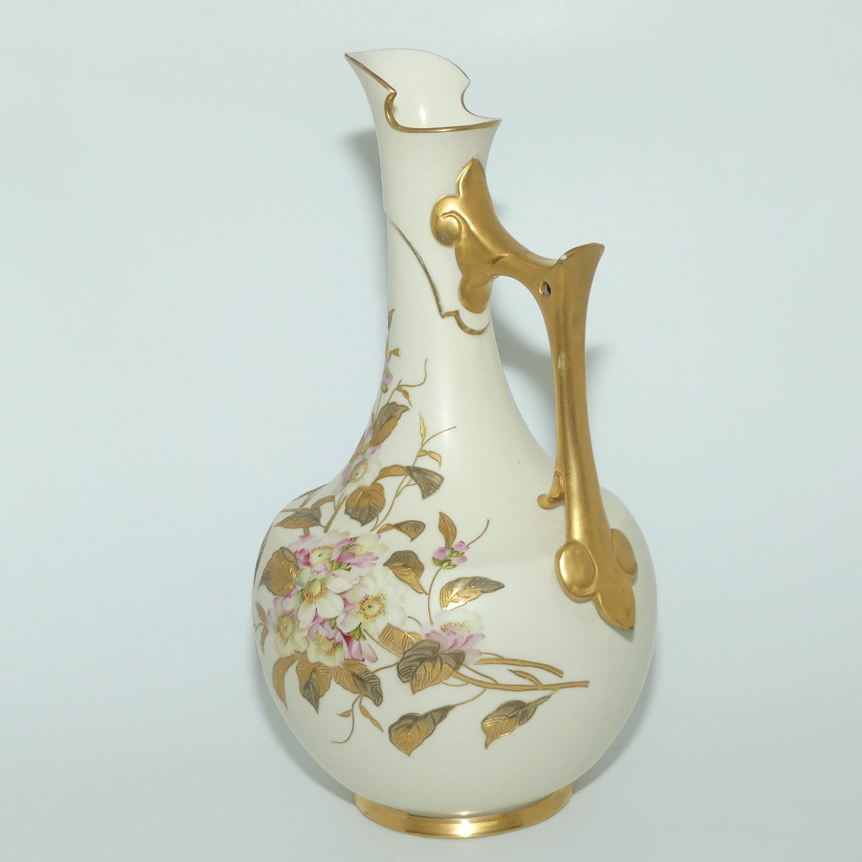 Royal Worcester Blush Ivory and gilt hand painted floral jug with Dogwood Roses | 33cm tall