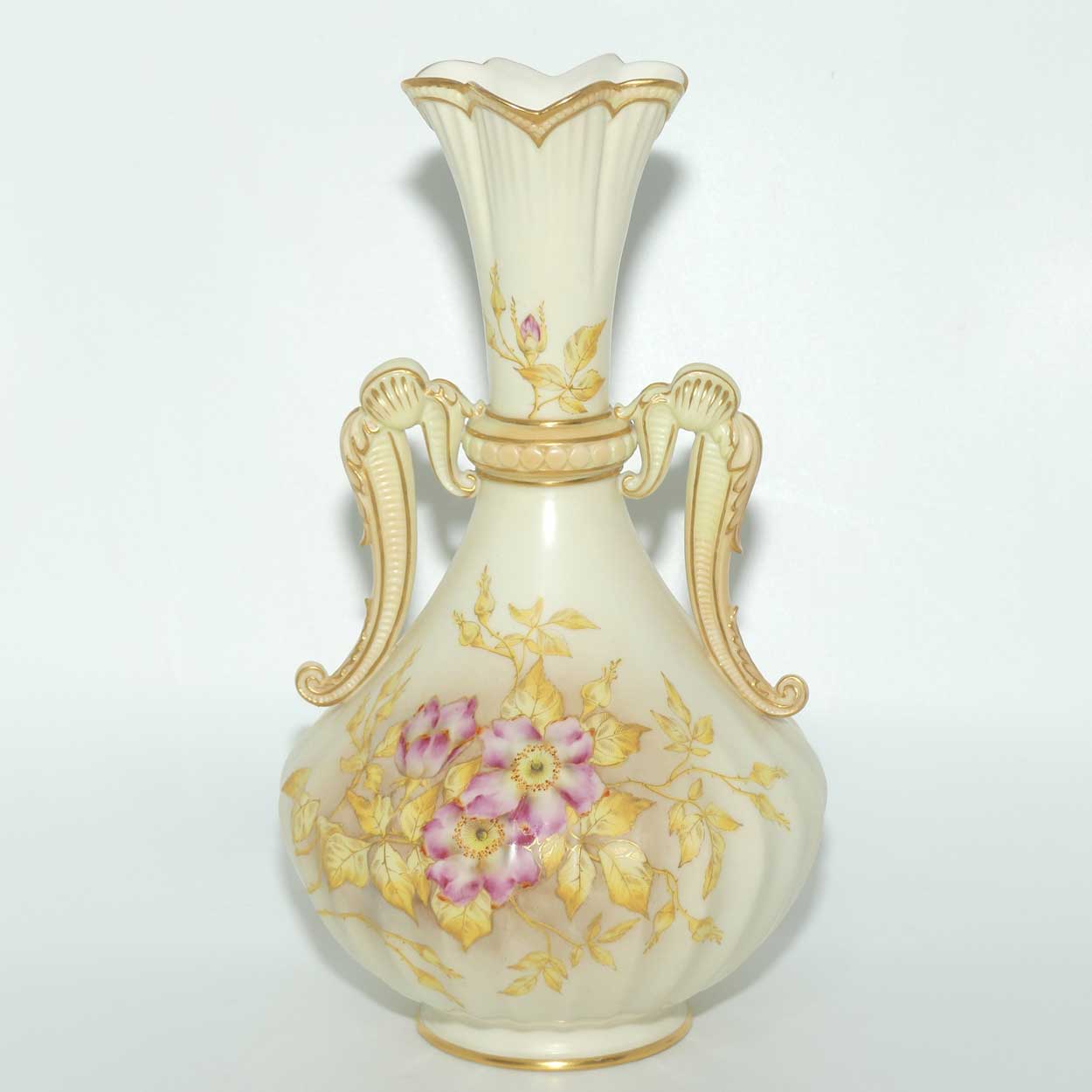 Royal Worcester Blush Ivory hand painted and gilt handled vase depicti