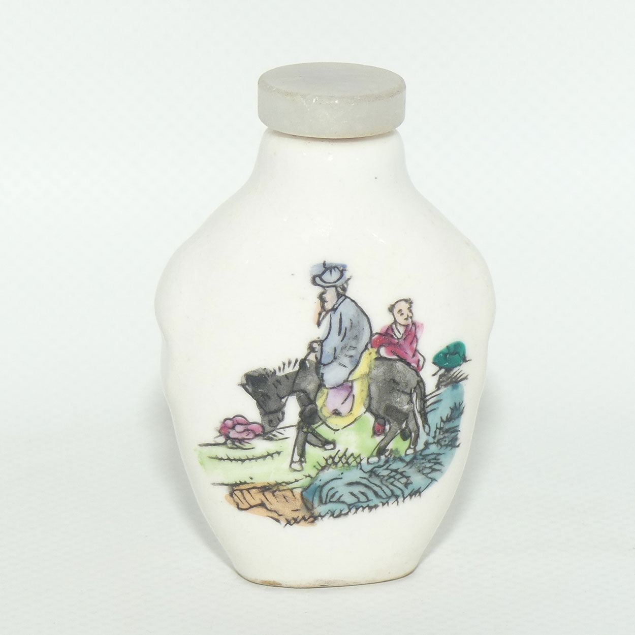 Chinese Man on Donkey pattern Snuff Bottle | Grey stone stopper