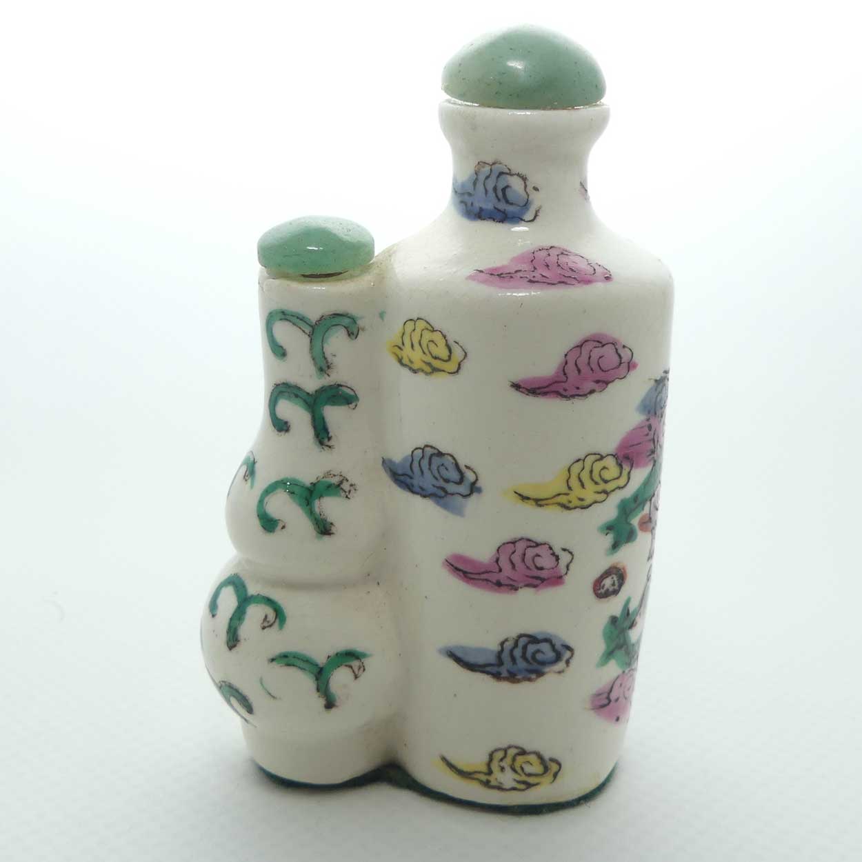 Unusual Dragon motif double Snuff Bottle | Greenstone stoppers