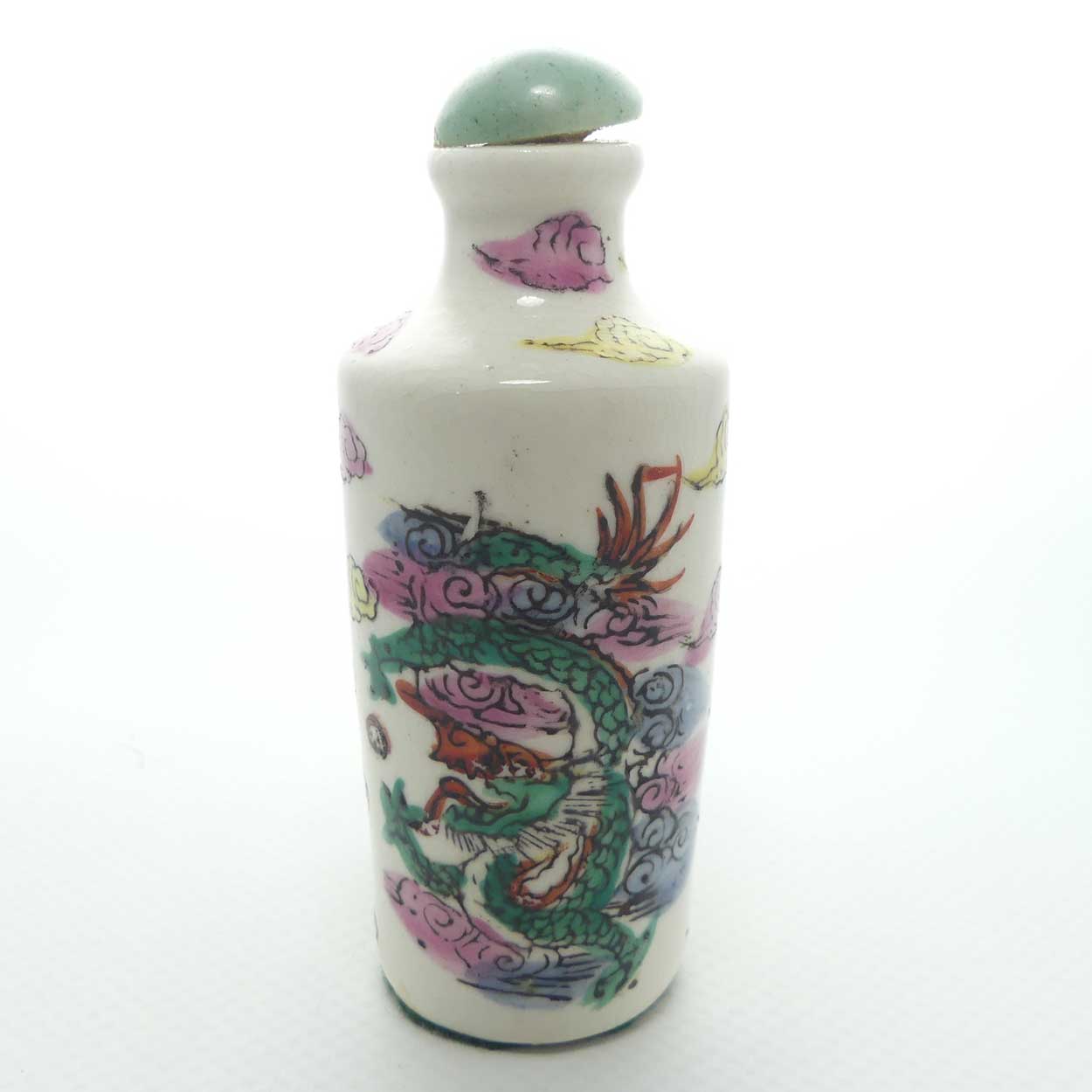 Unusual Dragon motif double Snuff Bottle | Greenstone stoppers