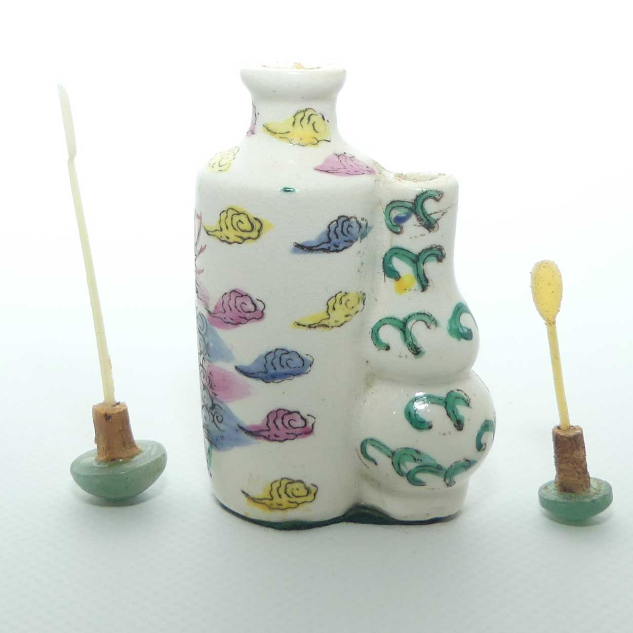 Unusual Dragon motif double Snuff Bottle | Greenstone stoppers