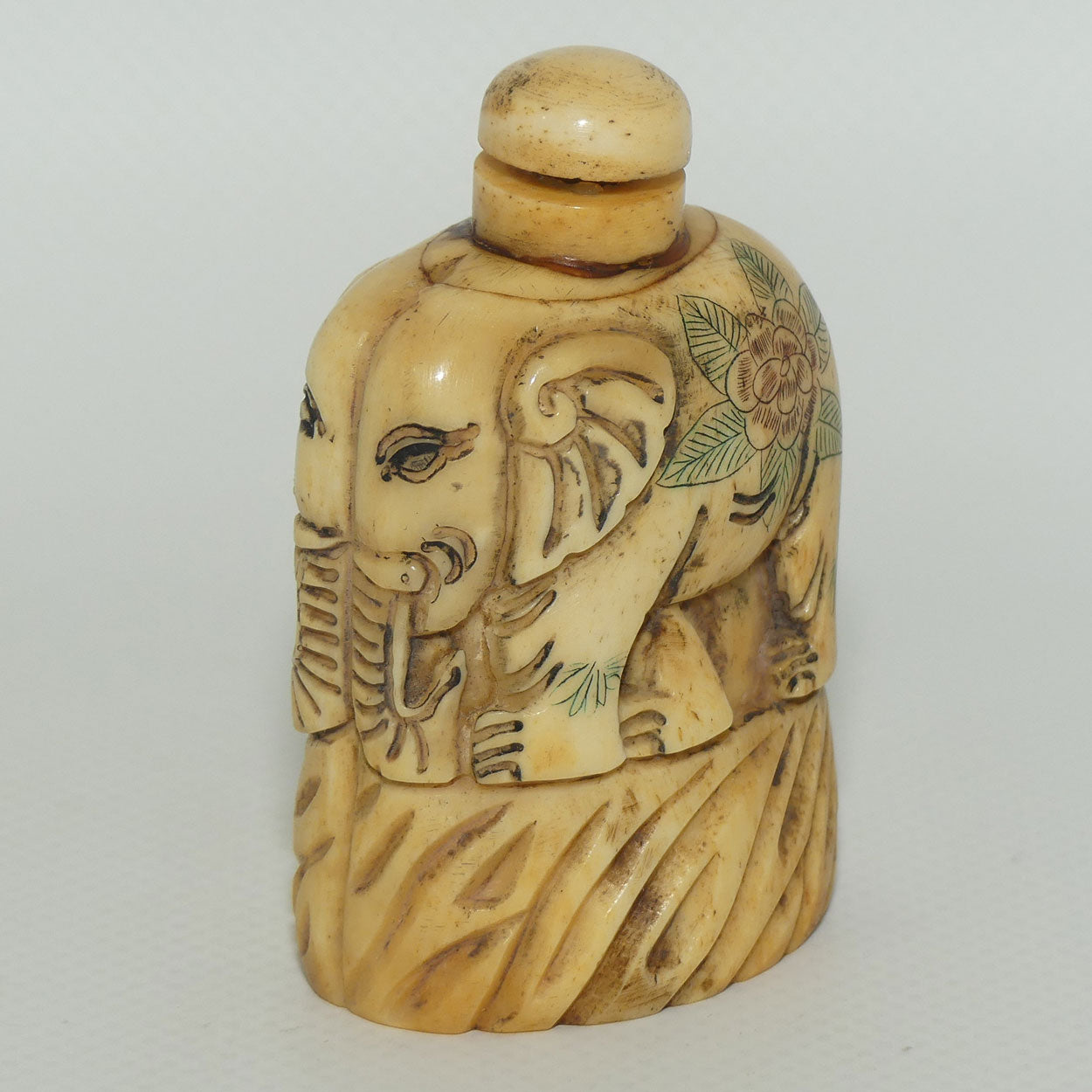 Decorated Bone Elephant Snuff Bottle | Two Elephants Side by Side