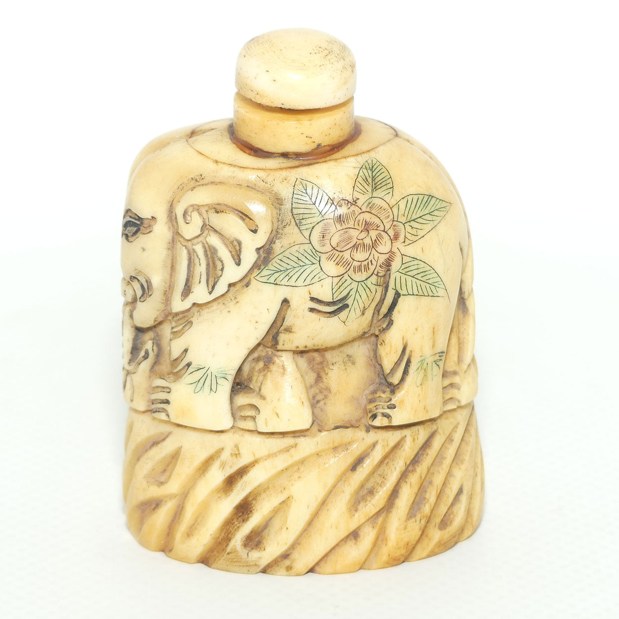 Decorated Bone Elephant Snuff Bottle | Two Elephants Side by Side
