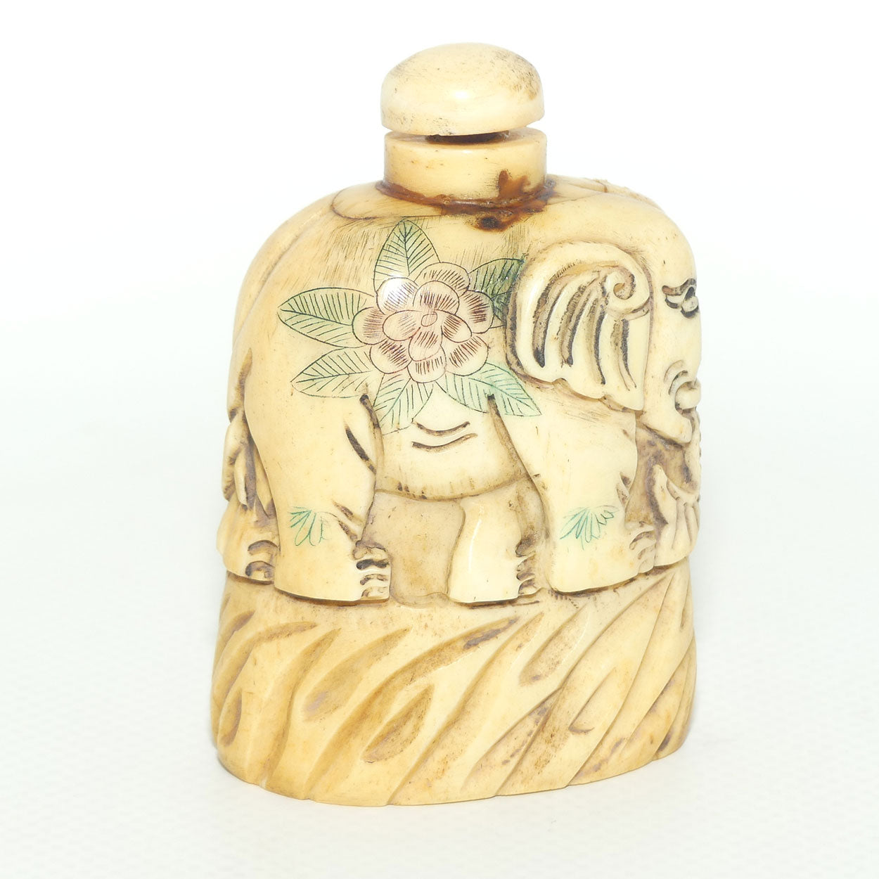 Decorated Bone Elephant Snuff Bottle | Two Elephants Side by Side